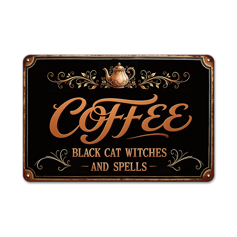ブリキ看板 コーヒー カフェ レトロ 黒猫 魔女 おしゃれ 壁飾り インテリア