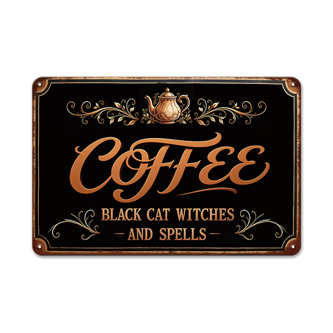 ブリキ看板 コーヒー カフェ レトロ 黒猫 魔女 おしゃれ 壁飾り インテリア