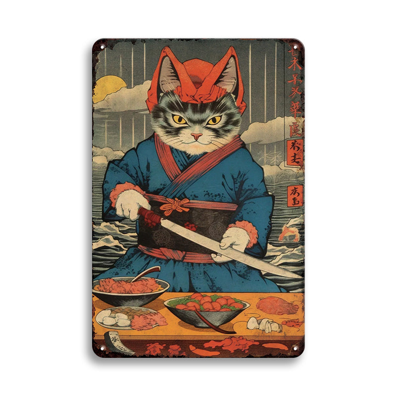 猫 ブリキ看板 和風 浮世絵 侍 武士 日本 レトロ 壁飾り インテリア