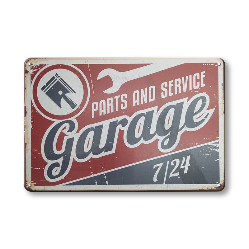 ブリキ看板 PARTS AND SERVICE Garage 7/24 車 整備 ガレージ レトロ 壁飾り
