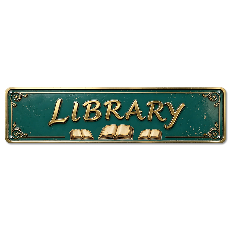 ブリキ看板 LIBRARY ライブラリー 図書館 本 書斎 読書 細長 壁飾り