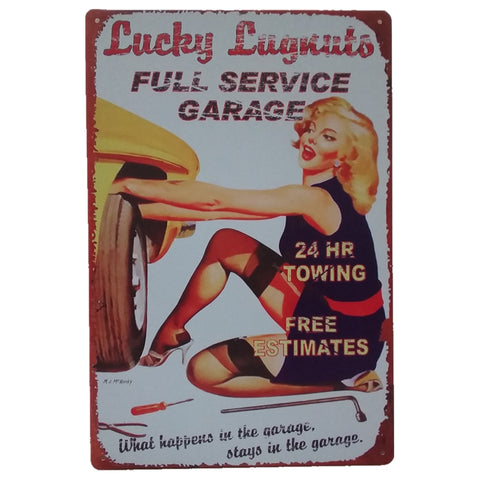 ブリキ看板 Lucky Lugnuts Full Service Garage ピンナップ ガレージ 50s アメリカン 壁飾り