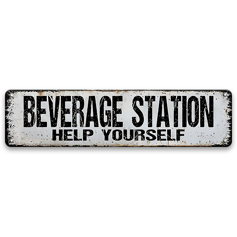 ブリキ看板 BEVERAGE STATION HELP YOURSELF ドリンク セルフサービス カフェ パーティー 細長 壁飾り