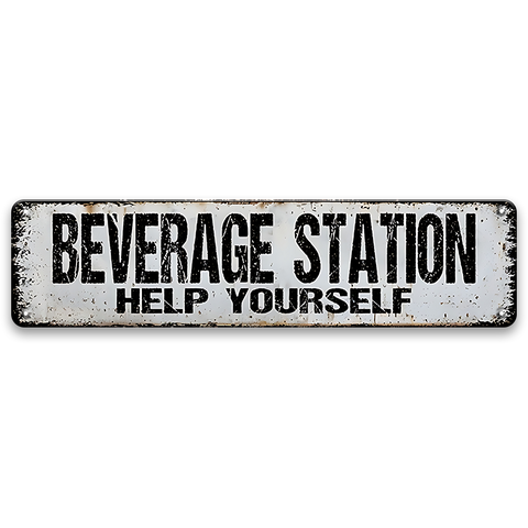 ブリキ看板 BEVERAGE STATION HELP YOURSELF ドリンク セルフサービス カフェ パーティー 細長 壁飾り