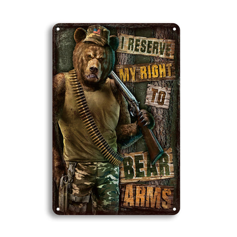 ブリキ看板 I RESERVE MY RIGHT TO BEAR ARMS 熊 銃 ユーモア 憲法 壁飾り