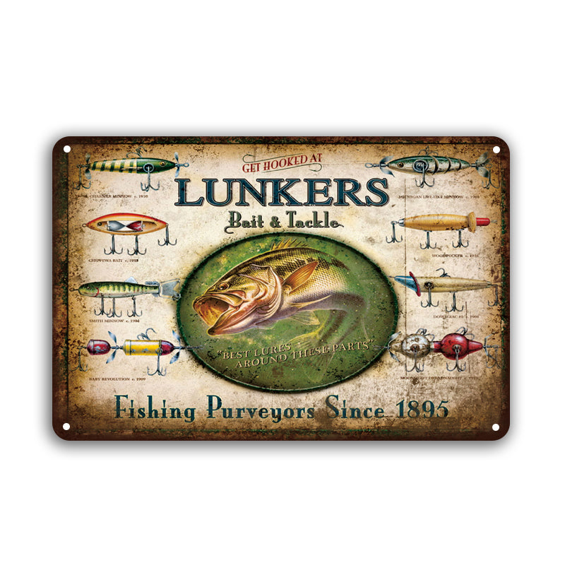 ブリキ看板 LUNKERS Bait & Tackle フィッシング 釣り ルアー バス 壁飾り