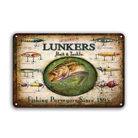 ブリキ看板 LUNKERS Bait & Tackle フィッシング 釣り ルアー バス 壁飾り