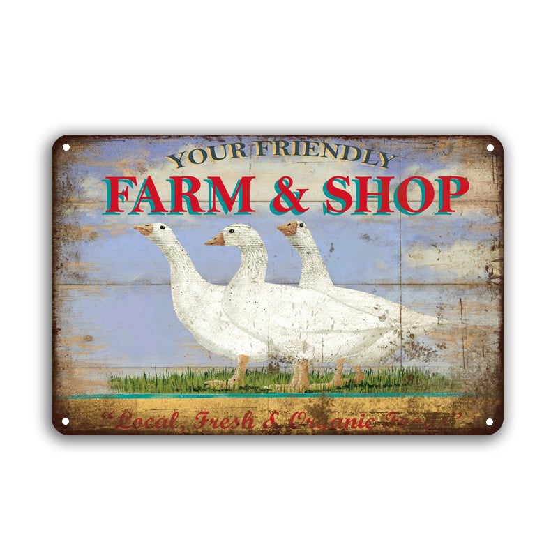 ブリキ看板 YOUR FRIENDLY FARM & SHOP アヒル ガチョウ 田舎 オーガニック 壁飾り