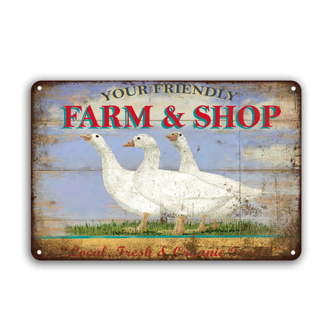 ブリキ看板 YOUR FRIENDLY FARM & SHOP アヒル ガチョウ 田舎 オーガニック 壁飾り