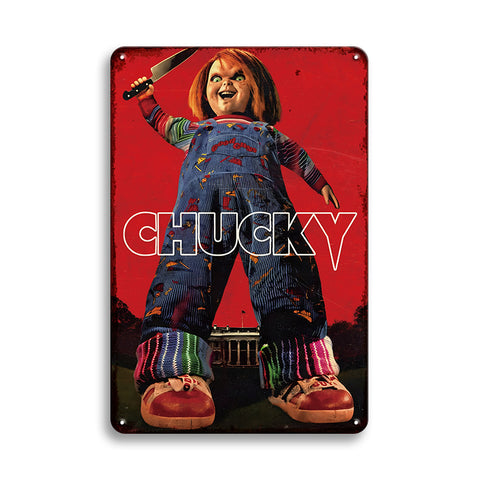 ブリキ看板 CHUCKY チャッキー チャイルドプレイ ホラー映画 ホラー人形 ナイフ ホワイトハウス アメリカ 映画ポスター ヴィンテージ インテリア 壁飾り おしゃれ