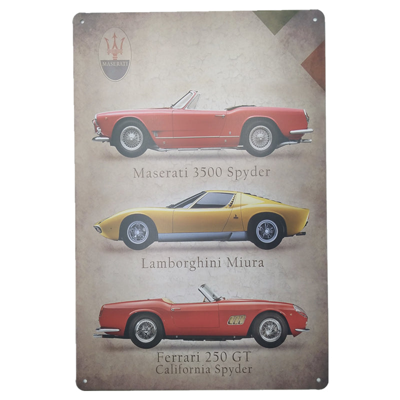 ブリキ看板 Maserati Lamborghini Ferrari イタリア スーパーカー 名車 壁飾り