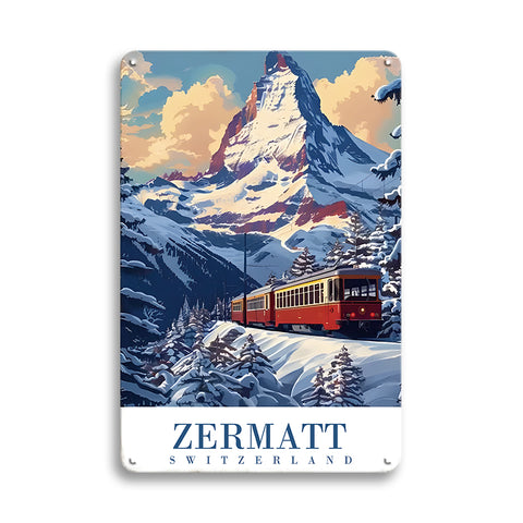 ブリキ看板 ツェルマット マッターホルン スイス 雪山 電車 レトロ ポスター風 インテリア