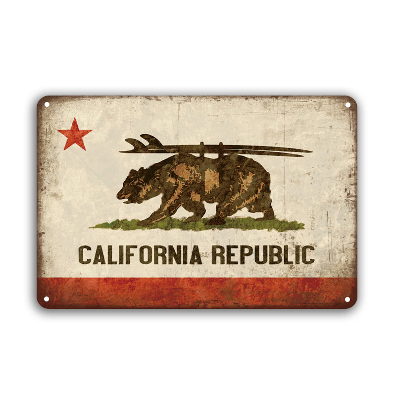 ブリキ看板 CALIFORNIA REPUBLIC カリフォルニア 州旗 熊 サーフィン 壁飾り