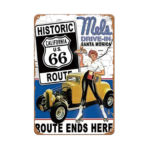ブリキ看板 Route66 メルズドライブイン アメリカン レトロ ガレージ サンタモニカ ヴィンテージ インテリア 壁飾り