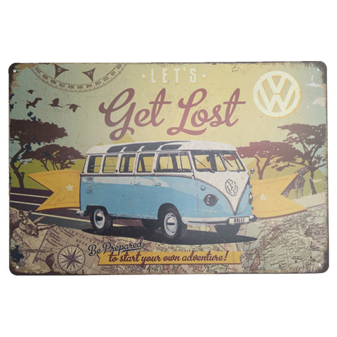 ブリキ看板 VW Let's Get Lost ワーゲンバス アドベンチャー 旅 冒険 サバンナ 壁飾り