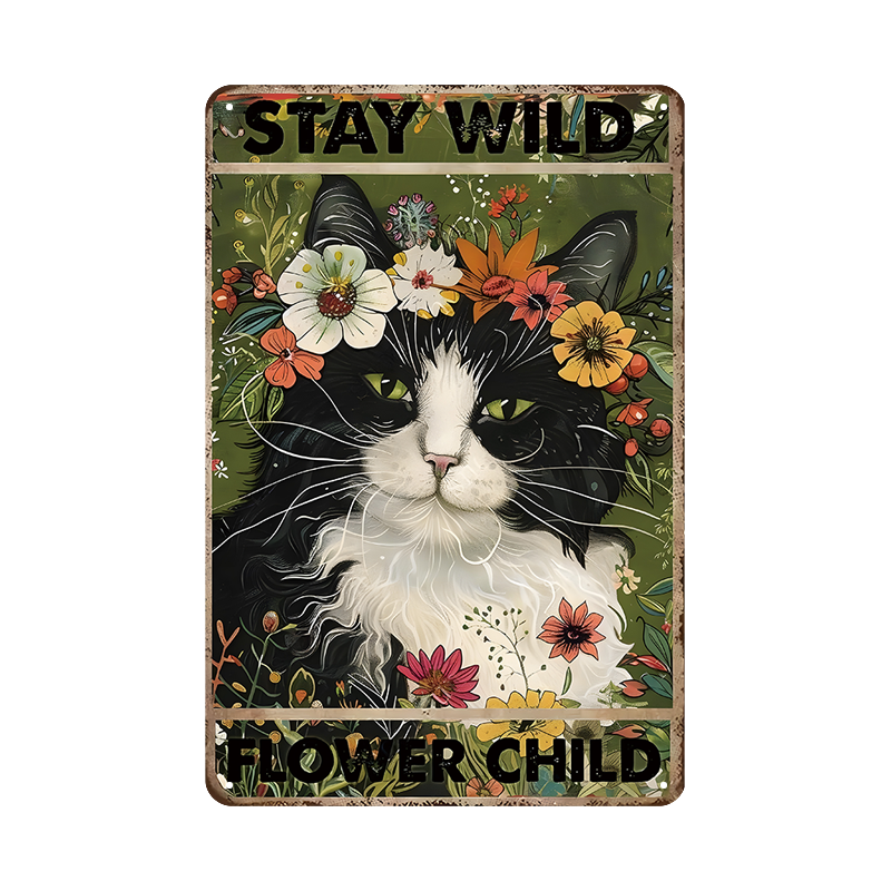猫 ブリキ看板 花柄 黒白猫 STAY WILD レトロ 壁飾り インテリア