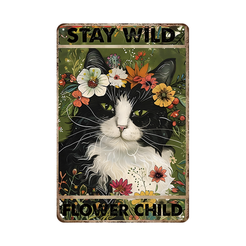 猫 ブリキ看板 花柄 黒白猫 STAY WILD レトロ 壁飾り インテリア