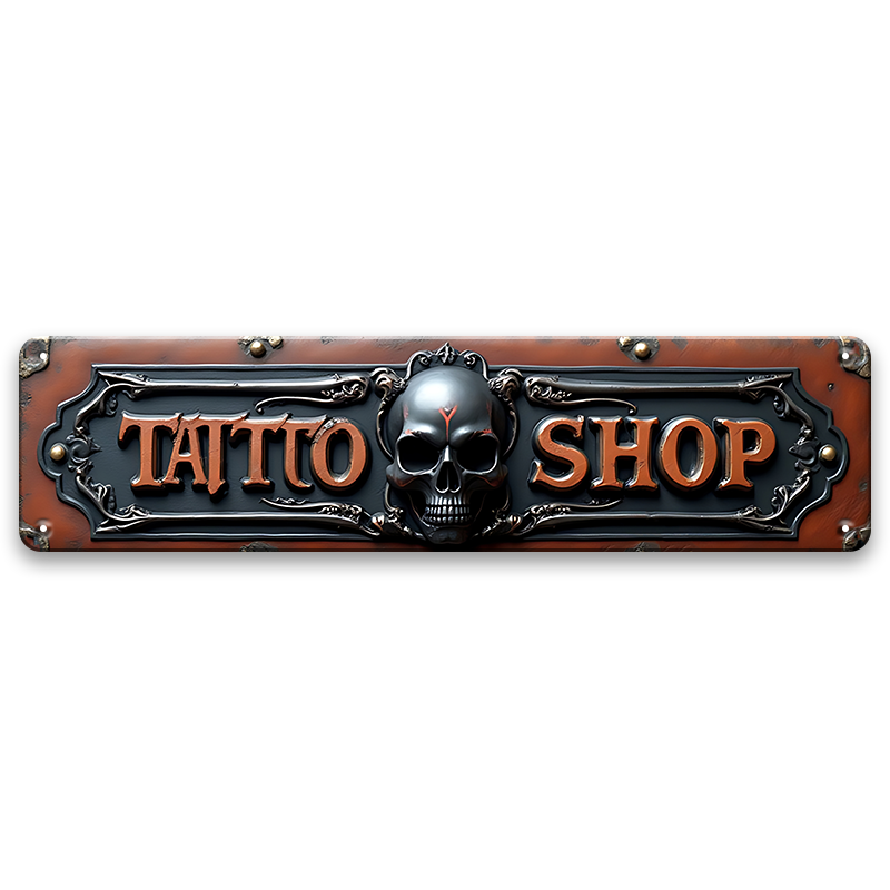 ブリキ看板 TATTOO SHOP タトゥー スカル ドクロ 刺青 細長 アメリカン 壁飾り