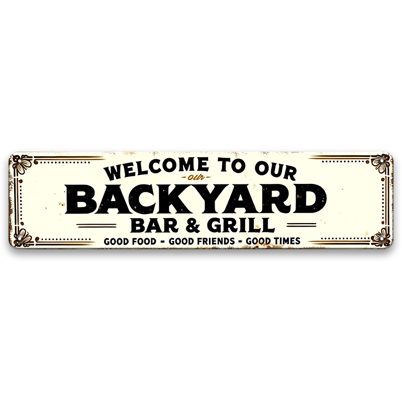 ブリキ看板 BACKYARD BAR & GRILL バーベキュー BBQ 庭 アウトドア 細長 アメリカン 壁飾り