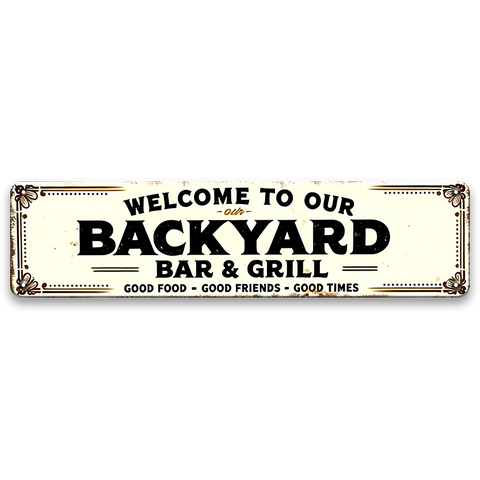 ブリキ看板 BACKYARD BAR & GRILL バーベキュー BBQ 庭 アウトドア 細長 アメリカン 壁飾り