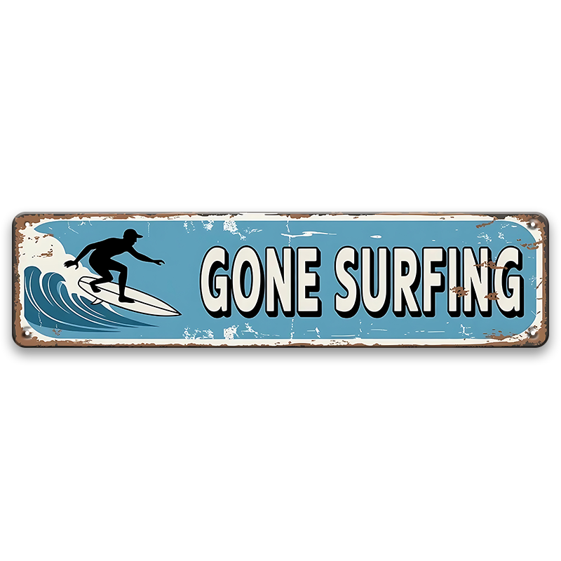 ブリキ看板 GONE SURFING サーフィン サーファー 波 ハワイアン 細長 壁飾り