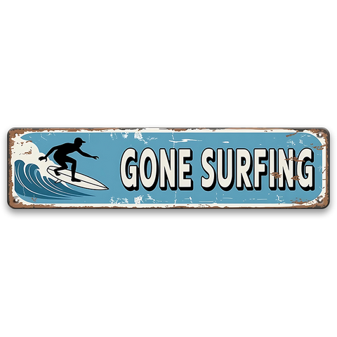 ブリキ看板 GONE SURFING サーフィン サーファー 波 ハワイアン 細長 壁飾り