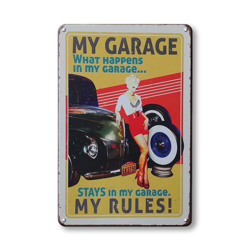 ブリキ看板 MY GARAGE MY RULES ピンナップ ガレージ アメ車 ジョーク 壁飾り