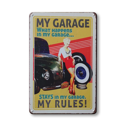 ブリキ看板 MY GARAGE MY RULES ピンナップ ガレージ アメ車 ジョーク 壁飾り