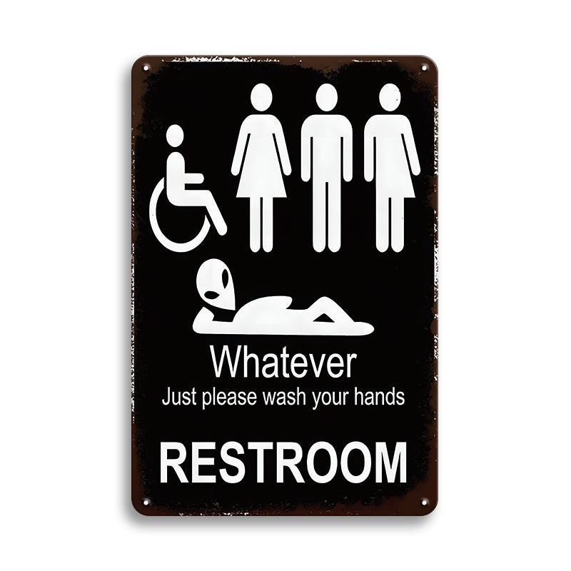 ブリキ看板 RESTROOM Whatever Just please wash your hands トイレ サイン ユーモア エイリアン 英字 アメリカン雑貨 レトロ ヴィンテージ インテリア 壁飾り おしゃれ