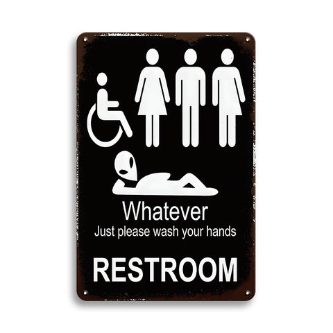 ブリキ看板 RESTROOM Whatever Just please wash your hands トイレ サイン ユーモア エイリアン 英字 アメリカン雑貨 レトロ ヴィンテージ インテリア 壁飾り おしゃれ