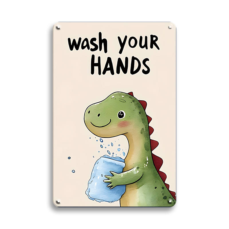 ブリキ看板 wash your hands 手洗い 恐竜 きょうりゅう ダイナソー かわいい 子供部屋 洗面所 トイレ サイン イラスト ヴィンテージ インテリア 壁飾り おしゃれ