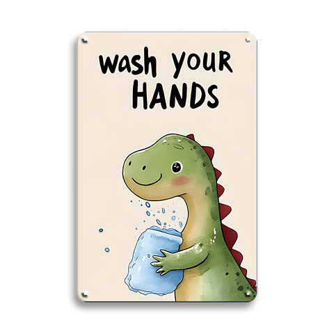 ブリキ看板 wash your hands 手洗い 恐竜 きょうりゅう ダイナソー かわいい 子供部屋 洗面所 トイレ サイン イラスト ヴィンテージ インテリア 壁飾り おしゃれ