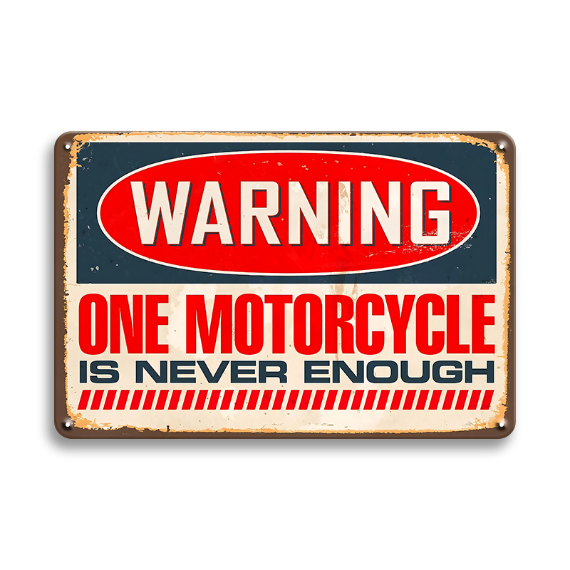 ブリキ看板 WARNING ONE MOTORCYCLE IS NEVER ENOUGH バイク モーターサイクル ライダー ガレージ アメリカン雑貨 レトロ ヴィンテージ インテリア 壁飾り おしゃれ