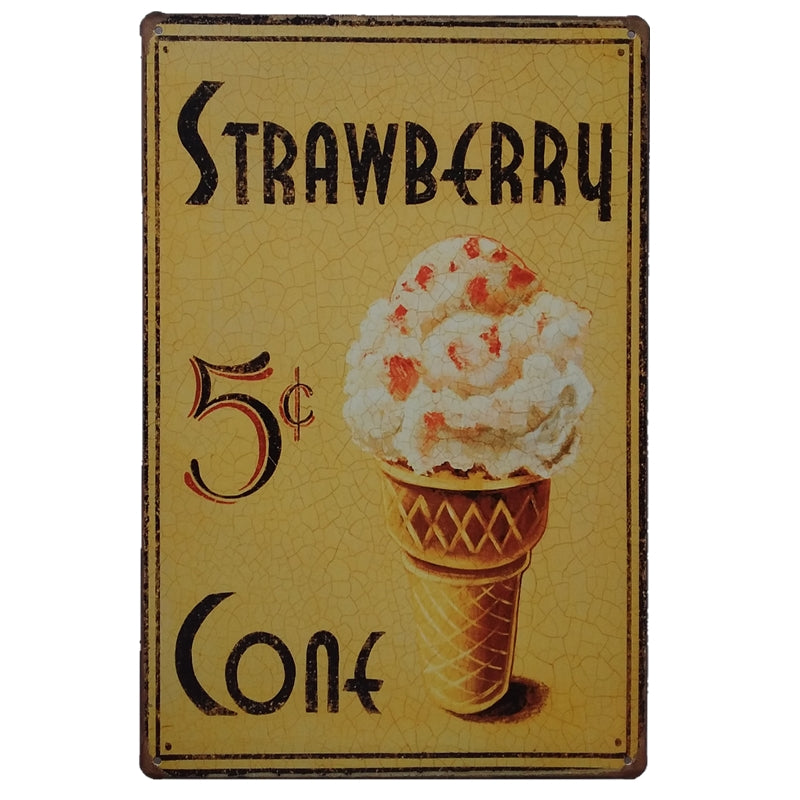 ブリキ看板 STRAWBERRY CONE ストロベリーコーン アイスクリーム レトロ ダイナー 壁飾り