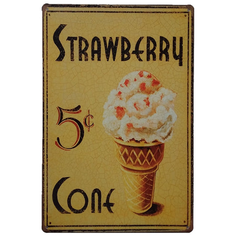 ブリキ看板 STRAWBERRY CONE ストロベリーコーン アイスクリーム レトロ ダイナー 壁飾り