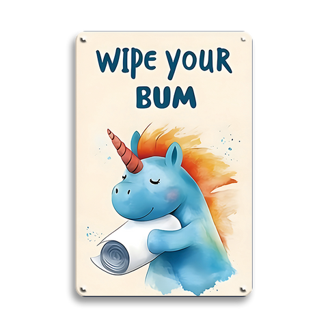 ブリキ看板 wipe your bum ユニコーン 一角獣 かわいい 子供部屋 トイレ 洗面所 サイン イラスト 英字 ヴィンテージ インテリア 壁飾り おしゃれ