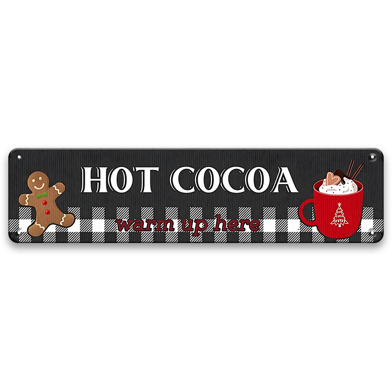 ブリキ看板 HOT COCOA warm up here ホットココア ジンジャーブレッドマン クリスマス 冬 カフェ キッチン ギンガムチェック 縦長 ヴィンテージ インテリア 壁飾り おしゃれ