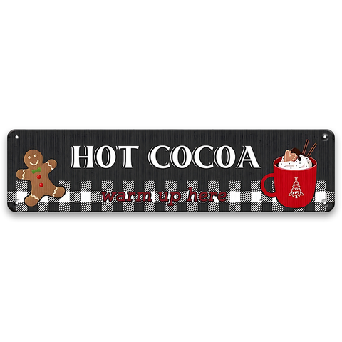 ブリキ看板 HOT COCOA warm up here ホットココア ジンジャーブレッドマン クリスマス 冬 カフェ キッチン ギンガムチェック 縦長 ヴィンテージ インテリア 壁飾り おしゃれ