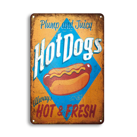 ブリキ看板 Hot Dogs Plump Juicy ホットドッグ ダイナー ファストフード 壁飾り