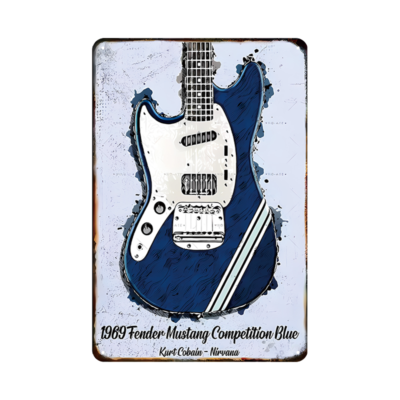 フェンダー ムスタング Kurt Cobain Nirvana ブリキ看板 ギター レトロ インテリア ビンテージ 壁飾り Competition Blue