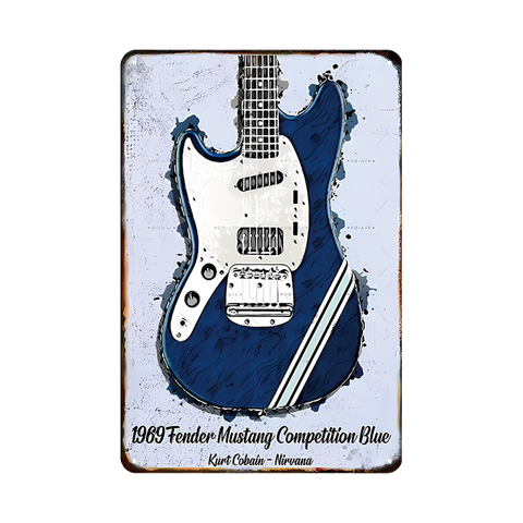 フェンダー ムスタング Kurt Cobain Nirvana ブリキ看板 ギター レトロ インテリア ビンテージ 壁飾り Competition Blue