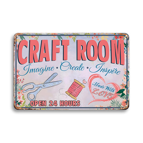 ブリキ看板 CRAFT ROOM Imagine Create Inspire クラフト ハンドメイド 手芸 ソーイング アトリエ ヴィンテージ 花柄 インテリア 壁飾り おしゃれ