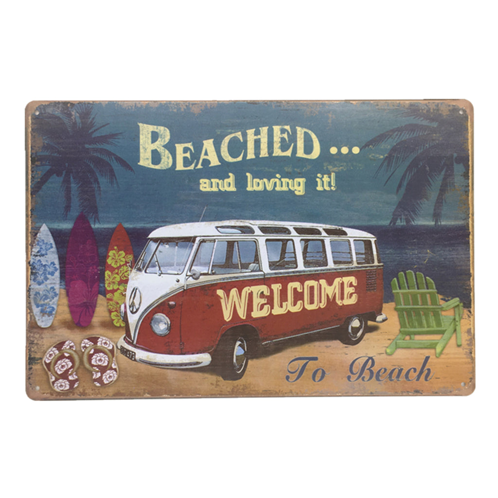ブリキ看板 BEACHED ワーゲンバス ビーチ WELCOME サーフィン 海 壁飾り