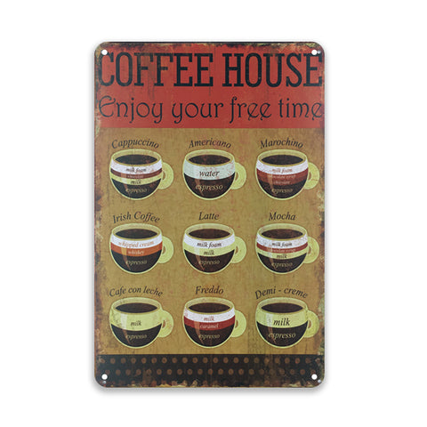 ブリキ看板 コーヒー COFFEE HOUSE カフェメニュー ラテ カプチーノ おしゃれ 壁飾り