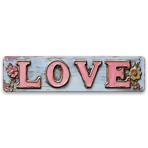 ブリキ看板 LOVE ピンク パステル フラワー 花 ガーリー シャビーシック ロマンティック 縦長 サイン ウェディング 寝室 リビング インテリア 壁飾り おしゃれ