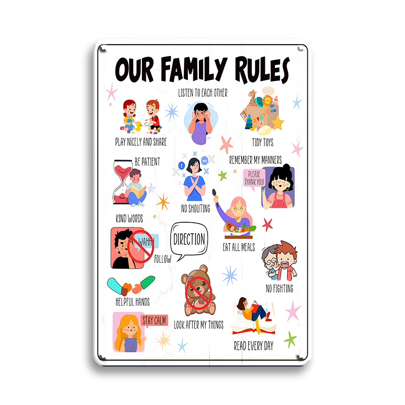 ブリキ看板 OUR FAMILY RULES 家族のルール 子供部屋 教育 しつけ サイン イラスト かわいい 英字 ヴィンテージ インテリア 壁飾り おしゃれ