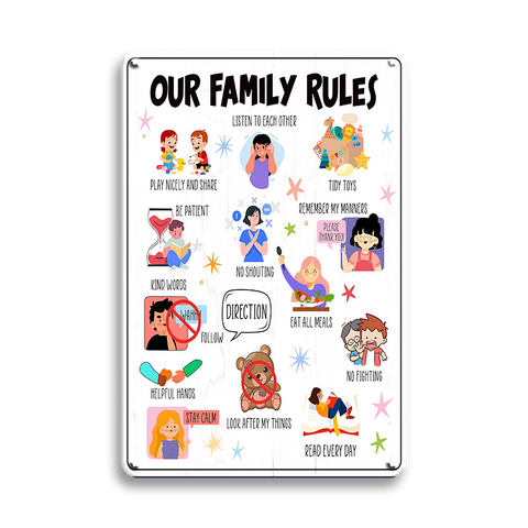 ブリキ看板 OUR FAMILY RULES 家族のルール 子供部屋 教育 しつけ サイン イラスト かわいい 英字 ヴィンテージ インテリア 壁飾り おしゃれ