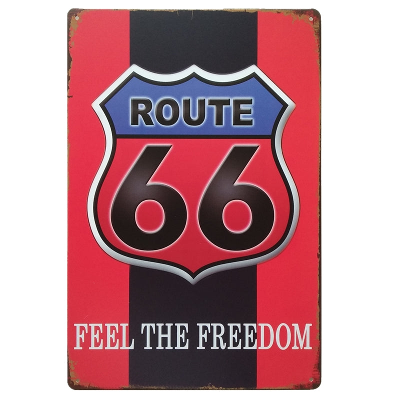 ブリキ看板 Route 66 FEEL THE FREEDOM 赤黒 アメリカ 自由 壁飾り