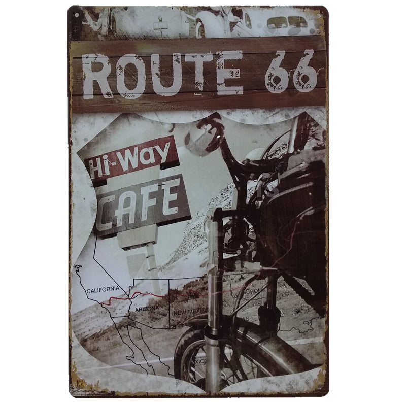ブリキ看板 ROUTE 66 Hi-Way CAFE バイク 地図 アメリカ ロードトリップ 壁飾り