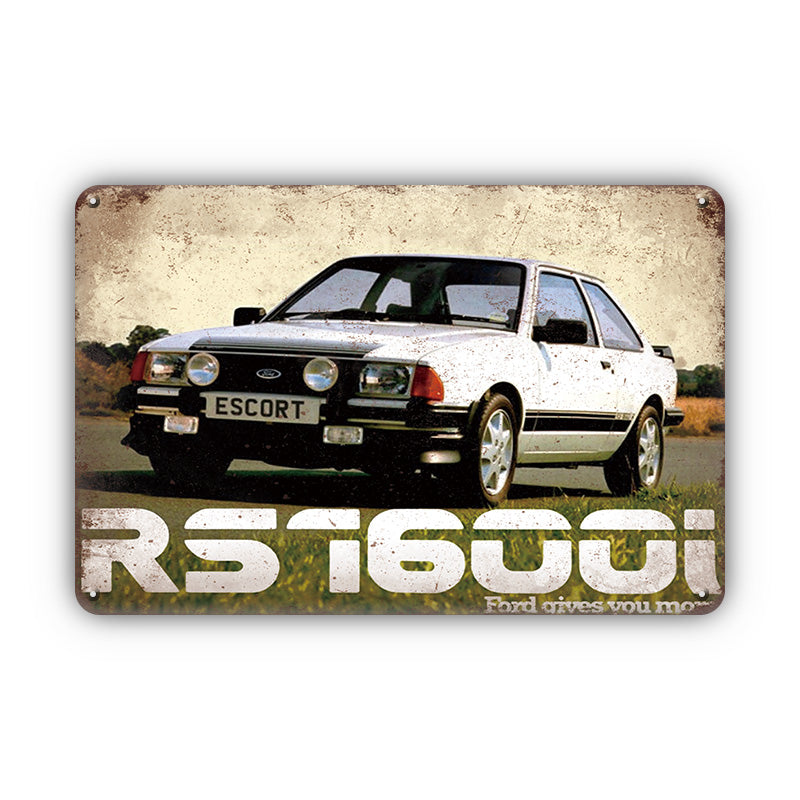 ブリキ看板 Ford ESCORT RS1600i フォード エスコート ホットハッチ イギリス車 クラシックカー 旧車 ヴィンテージ広告 ガレージ インテリア 壁飾り おしゃれ
